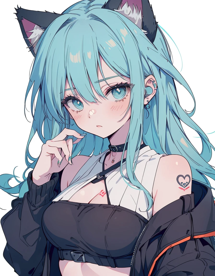 cyber punk, shaded face, jitome, midriff, tattoo, towel body, ((masterpiece, best quality:1.5)), ((Beautiful detailed cat aqua eyes:1.2)), cat ears, pale skin, medium breasts, beautiful hands, beautiful fingers, EasyNegative