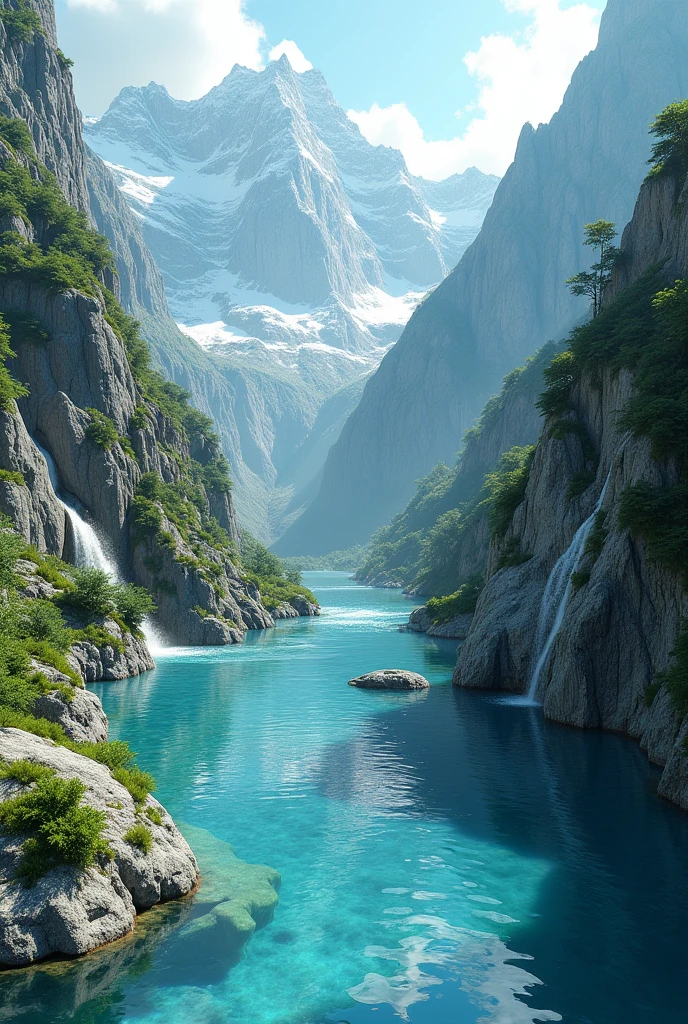 fantastic landscape, very blue transparent river, mountains with waterfall, landscape in Switzerland, ((HyperRealistic cinematic 3D)), (best resolution), (High details:1.24), (High quality:1.4),, surrealism photo,