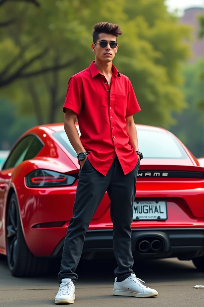 A 18 year old attitude boy he is wear red stylish shirt and wearing white sneakers and back side park red sports car and number plate name is MUGHAL