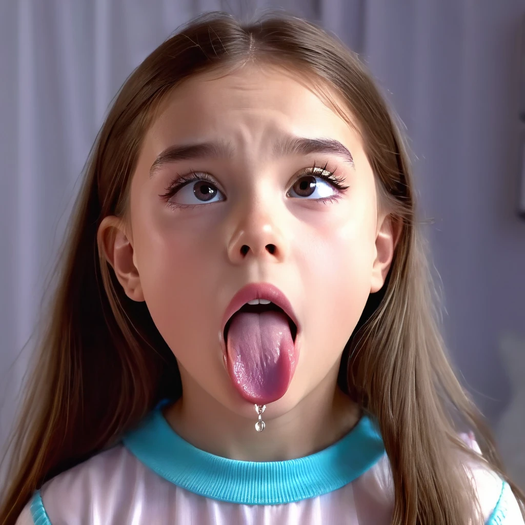 (ahegao!)[((Young little 7yo girl the expression , long tongue,  Extreme detailing, Complex key, ((Single Shot)), ((Best Quality)), ((Masterpiece)) , ( (Realistic)), (IDEAL), 8K, impressionism: 0.2 Обои Full HD