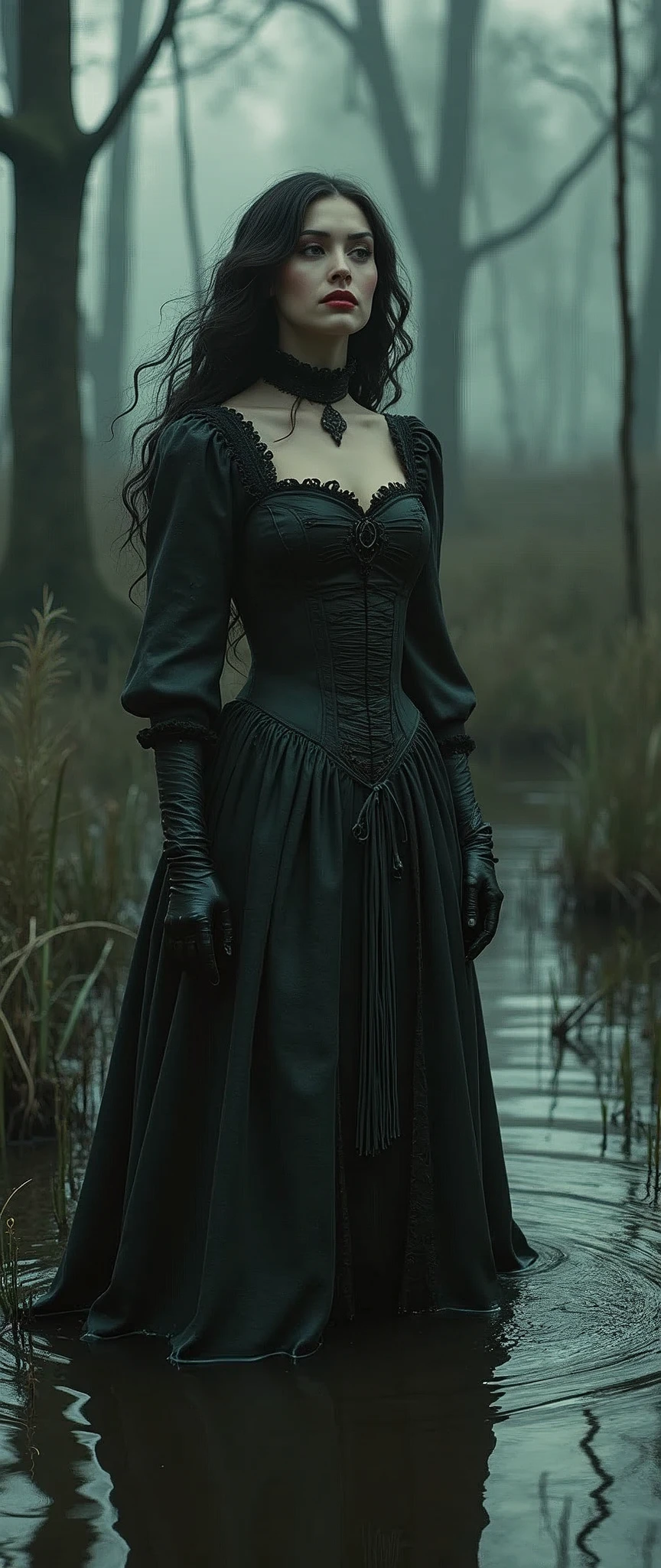  19 century setting, drama, stuck in bog,detailed short high-neck closed dress:1.2, aristocratic cut, stockings with garters, red lips, goth, aristocratic behaviour