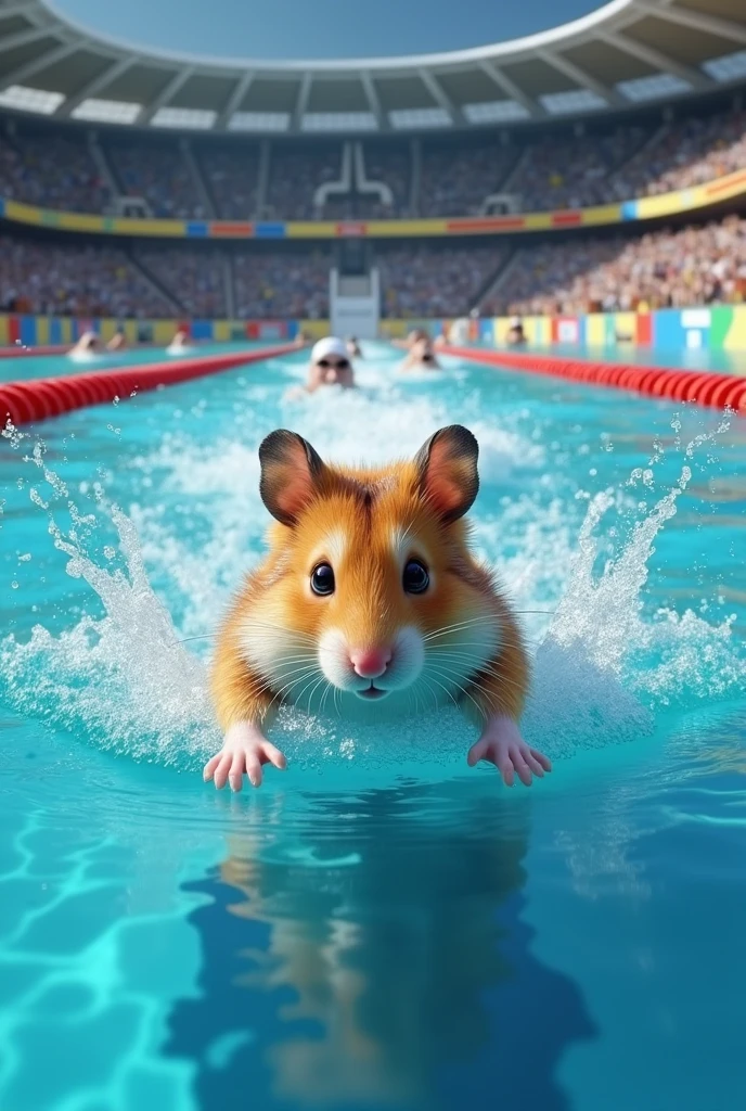 realistic hamster swimming  on olympic with other real human and wining the race, show a clearer picture of Olympic ground