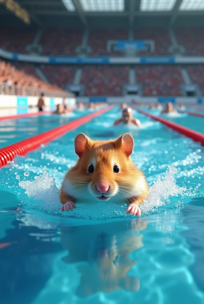 realistic hamster swimming on olympic with other real human and wining the race, show a clearer picture of Olympic ground
