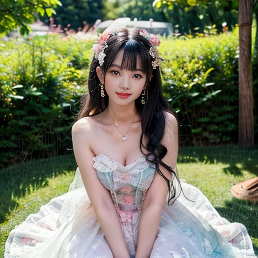 best quality, Delicate face，beautiful visual work, lifelike,  eternity, black hair, Long curly hair, blunt bangs, Smile, Detailed Background,  Delicate face，pink blush，cold，((masterpiece))、(top quality)、8k、high detail、Super detailed，31 years old female，Wearing ****ta dress、Seductive and whimsical style、masterpiece、born、Scenes resembling fairy tale illustrations、Intricate details and complex designs、Beautifully、magic、capricious、 Beautifully、Dream aesthetics、「𝓡𝓸𝓶𝓪𝓷𝓽𝓲𝓬、ethereal、charming、fickle、magic」、Realism、Visual effects、FXAA、SSAO、Shaders、voiceless、ambient lighting、Tone mapping、High resolution、Ultra high quality、Million pixels、(8K resolution:1.10)、8k、Below 8K、8K resolution、high detail、intricate details， (high quality:1.2、masterpiece:1.2、:1.21)、(21 years old female:1.21)、(Smile excitedly)、(Surrounded by the dreamy atmosphere、Model diagram，full-body shot，Normal 2 feet，Don't show your fingers