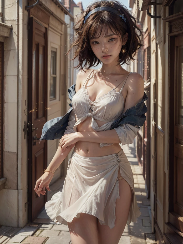 (best quality,4k,8k,highres,masterpiece:1.2),ultra-detailed,(realistic,photorealistic,photo-realistic:1.37),beautiful detailed eyes,beautiful detailed lips,extremely detailed eyes and face,longeyelashes,1 girl,portrait,fantasy landscape,magical forest,glowing fireflies,warm sunlight,dramatic lighting,vibrant colors,cinematic, cute face, pretty girl, ((short hair)),