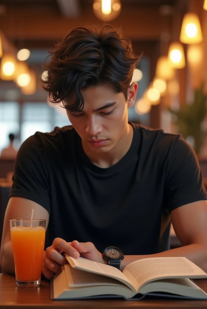 A 24 year old male with sexey hair  reading book in restaurant  drinking juice wearing black tee-shart 


