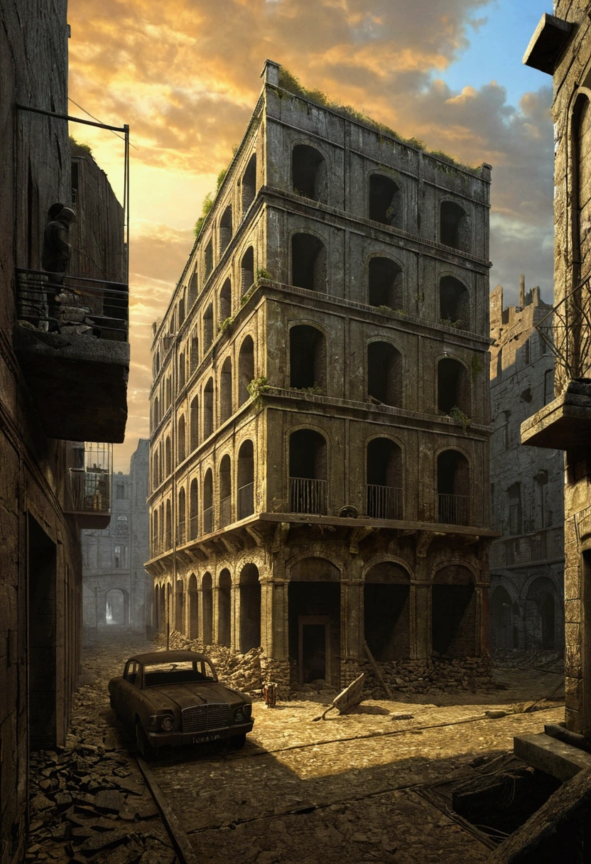 Créez des chefs-d'œuvre dystopiques,Représentez le paysage urbain antique détruit dans un style artistique conceptuel de jeu réaliste.. L'œuvre d'art doit évoquer un sentiment de désolation et de désespoir antique , monde post-apocalyptique. Gardez un œil sur les subtilités des détails, netteté, et une description très détaillée de la ville en ruines. Inspirez-vous des styles artistiques de Wayne Barlow et Zdislav Beksiński. Livrez cette image au format d'affichage vidéo, Montrez la sombre beauté de ce monde en décomposition.