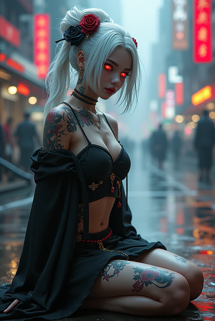 geisha. white hair. Eyes red. on his knees. brooding. Cyberpunk Background . tattooed