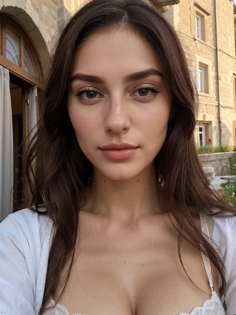 make up:1.5. taking a Selfie. Ultra-realistic Italian girl, 24 years old, stunningly beautiful, influencer.
Snub nose. Full lips. Face with gentle features. Fair skin. Glass Skin. Square Face. Detailed Face. Detailes Texture.
Thick eyebrows.
Dark realistic Eyes.
Brown long Hair.
Evening light. ((evening))
She's wearing lingerie white, stocking, dans une terrasse d'un château. Medium Breast.
Big