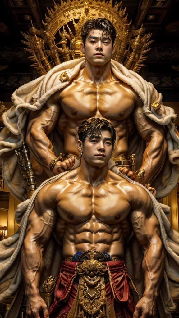 disconsolate,Ambient,artistic conception,large scene,The wind blew up the white curtains,Dattain lamps,Diffuse light,chest muscle,Shirtless, stubbles, Sideburns, musculature, Strong handsome korean guy, a golden statue of handsome men god , multiple hands holding some weapons, , Hanfu,Golden blue、Jing Qing Moqing、jackson wang, Plain cherry blue,Junyi,Dignified atmosphere,Temperament,Short hair, Flat-headed beautiful man,The light is gentle,The scene comes to life
