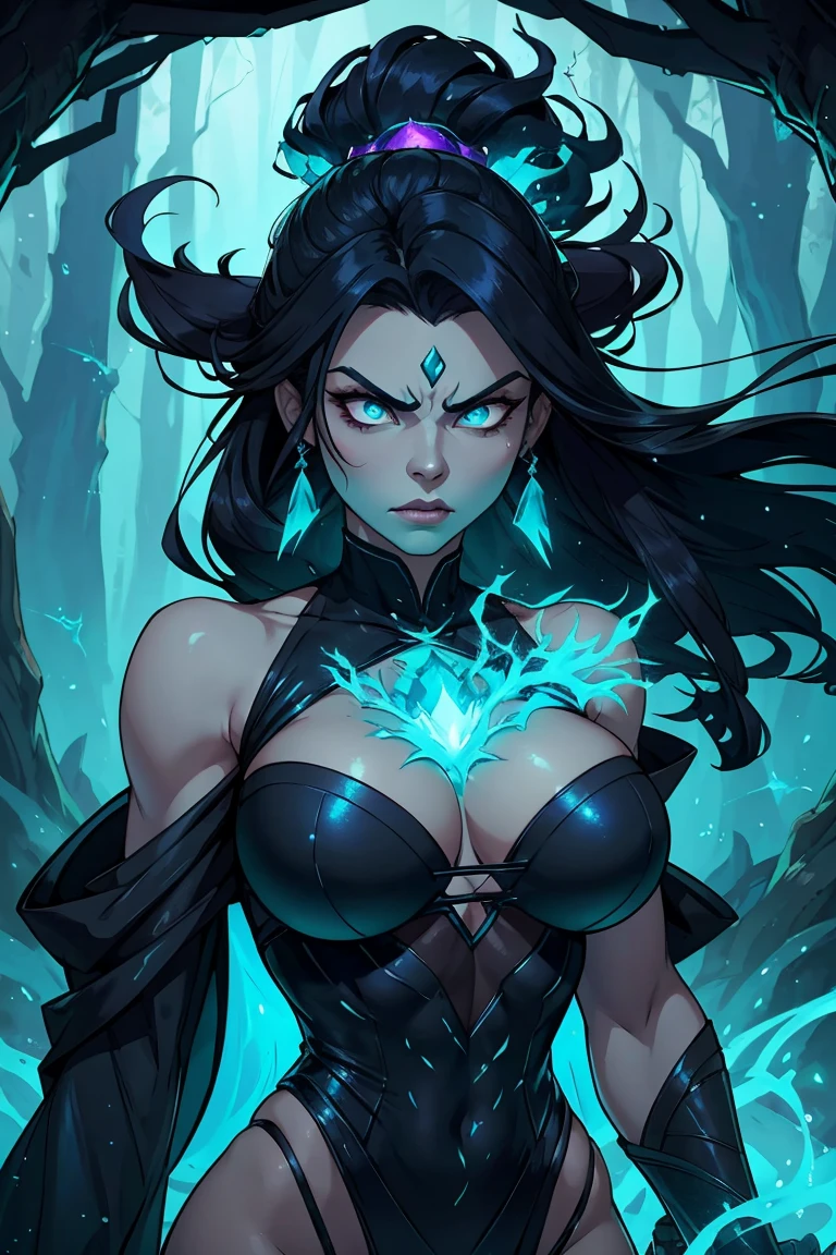 Maokai if he were a woman in life, tree, dark islands, mist, beautiful garment, wooden ornament, blue aura, nature spirit, consumed by anger, embodies vengeance, wicked, angry face, sparkling turquoise eyes, black outfit with turquoise sparkles.