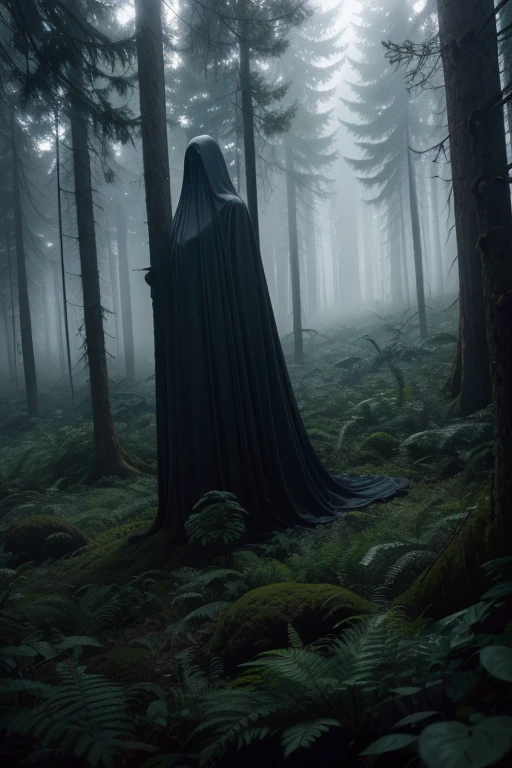 A spectral figure floating among the trees in a dense forest, with a mist that seems to form a terrifying face.