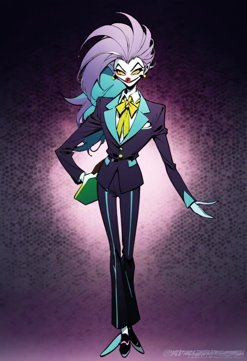 Slapstick,a cartoon Marvel Comics character,femboy,skinny,long hair,purple hair,androgynous,male focus,flat chest,white pale skin,toon,yellow eyes,a goofy physique,full body,clown,elegant suit,inspired by the style of The Mask comics/Bill Sienkiewicz, 90’s comics, masterfully rendered with exceptional detail and cartoony, vivid colors, and funky lighting.