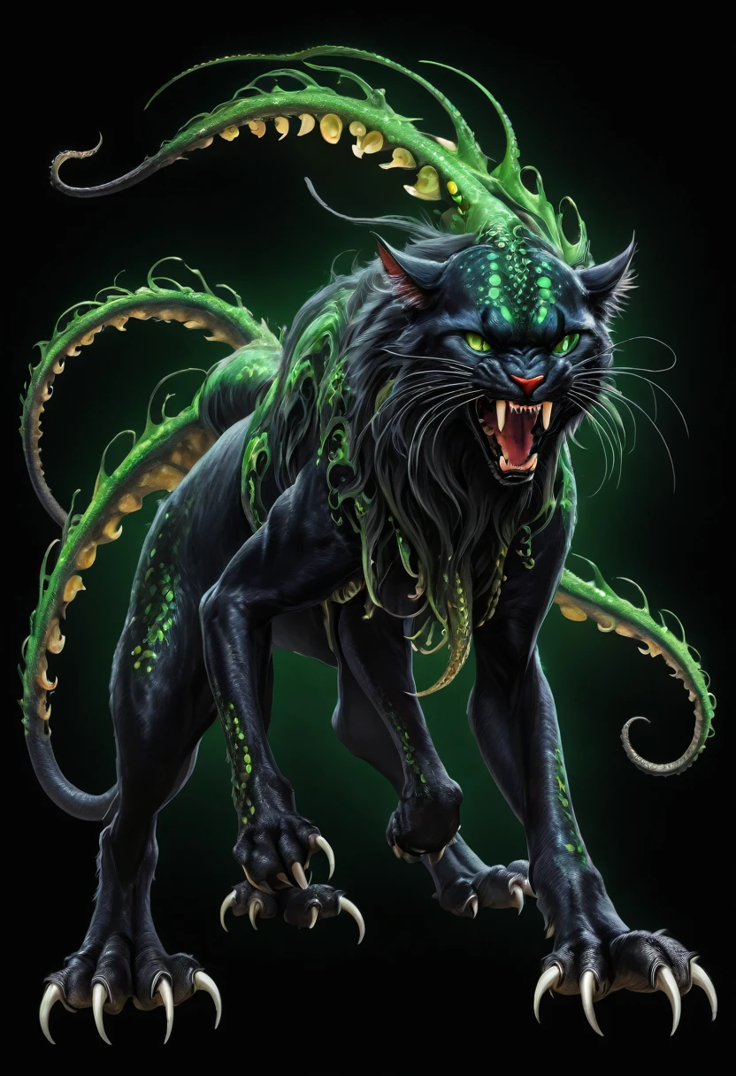 score_9, score_8_up, score_7_up, intricate details, rating_safe, prowling, feral furry, feline, lithe, slender, six legs, two large toothed tentacles, large fangs, hostile, black fur, green eyes, full body, side view, black background:2, ral-chrosc-clr,