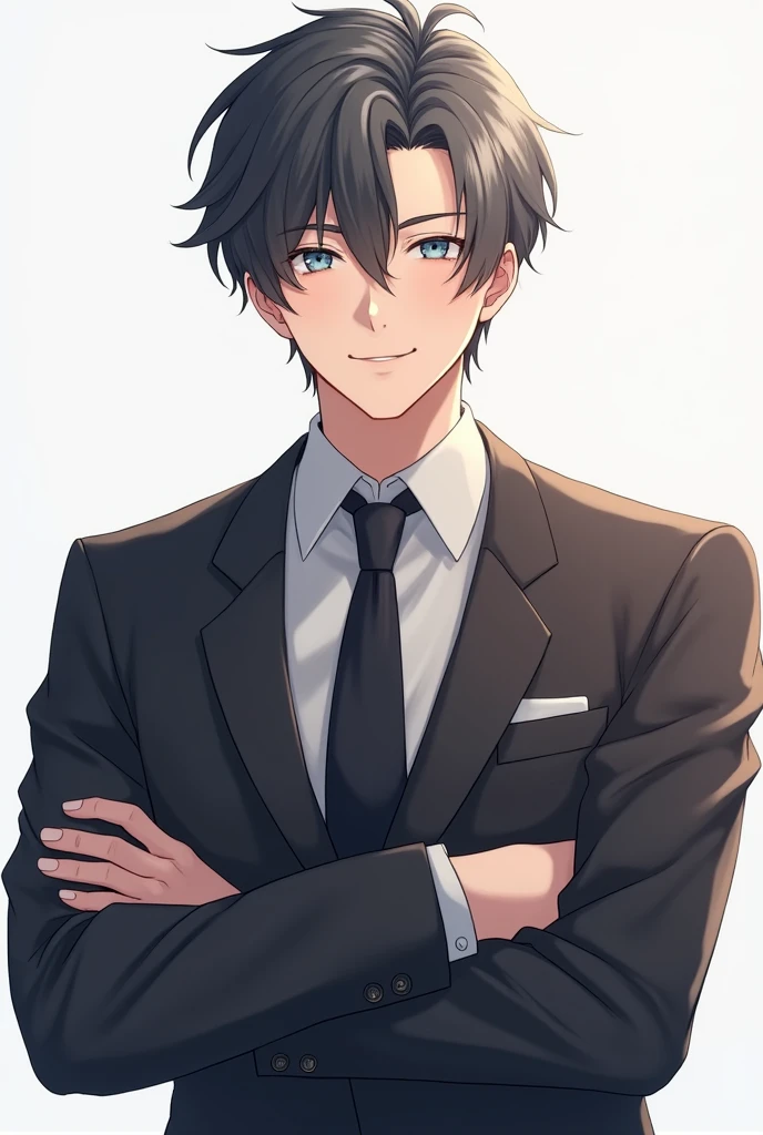 A anime boy 25 he is wearing suit dark grey hair white skin and his smiling