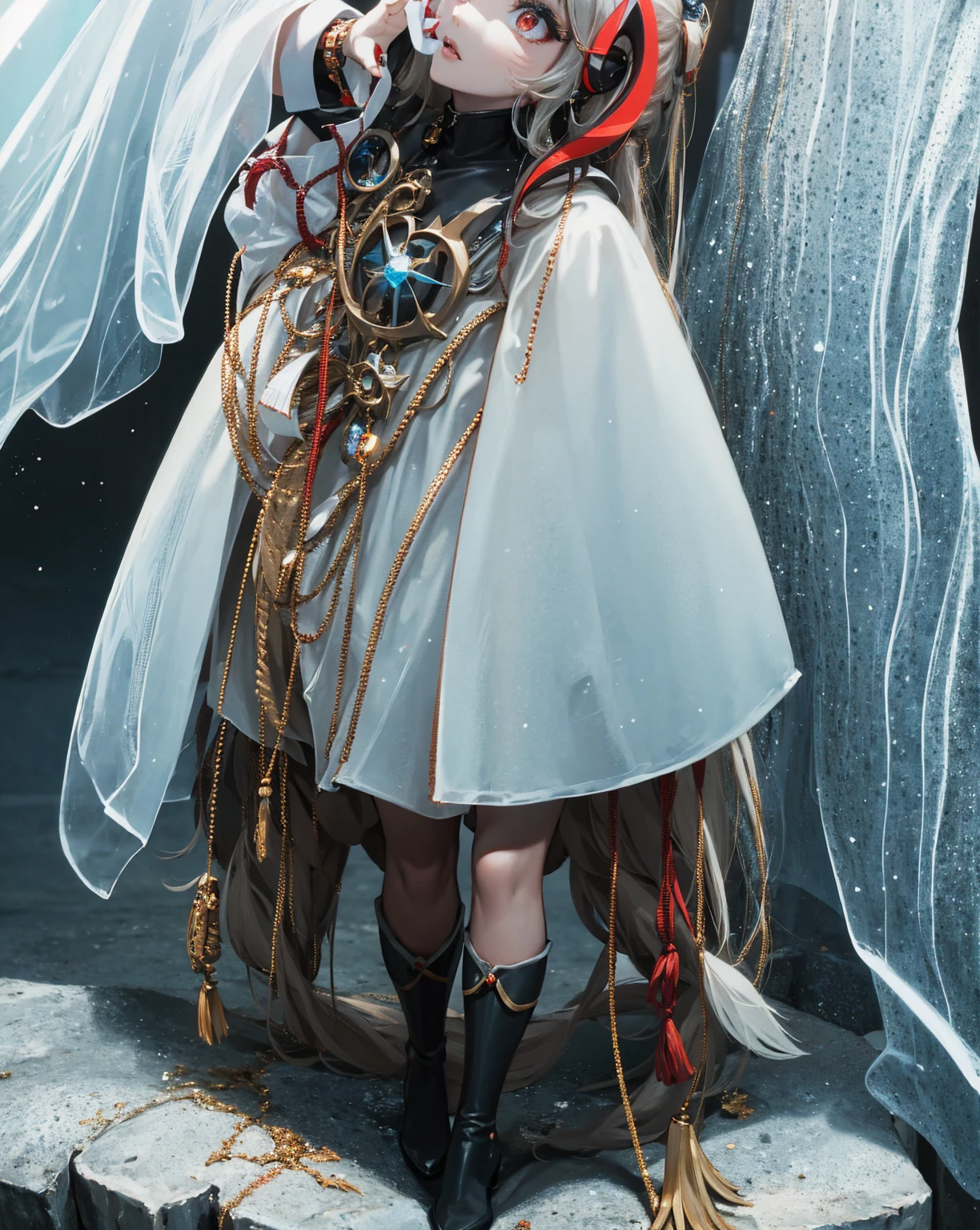 Girl with long white hair down to her waist, with small red details, red eyes, long black dress with a leg slit, with red details, long black boots up to below the knees, white skin, the ground around her is cracking and small stones are floating around her surrounded by a black aura, she is surrounded by shadows, and the background is dark like the night with the universe and stars, her presence causes fear, her shadow appears to be a monster, 8k, high quality, full body, (ultra-realistic), {extremely detailed 8k CG unit wallpaper}, expansive landscape photograph, (light: 2.0), (warm light source: 1.5), complex details, (iridescent colors: 1.5), (bright lighting), (atmospheric lighting), surreal, impressive, fantasy, (Solo: 1.2), White moon