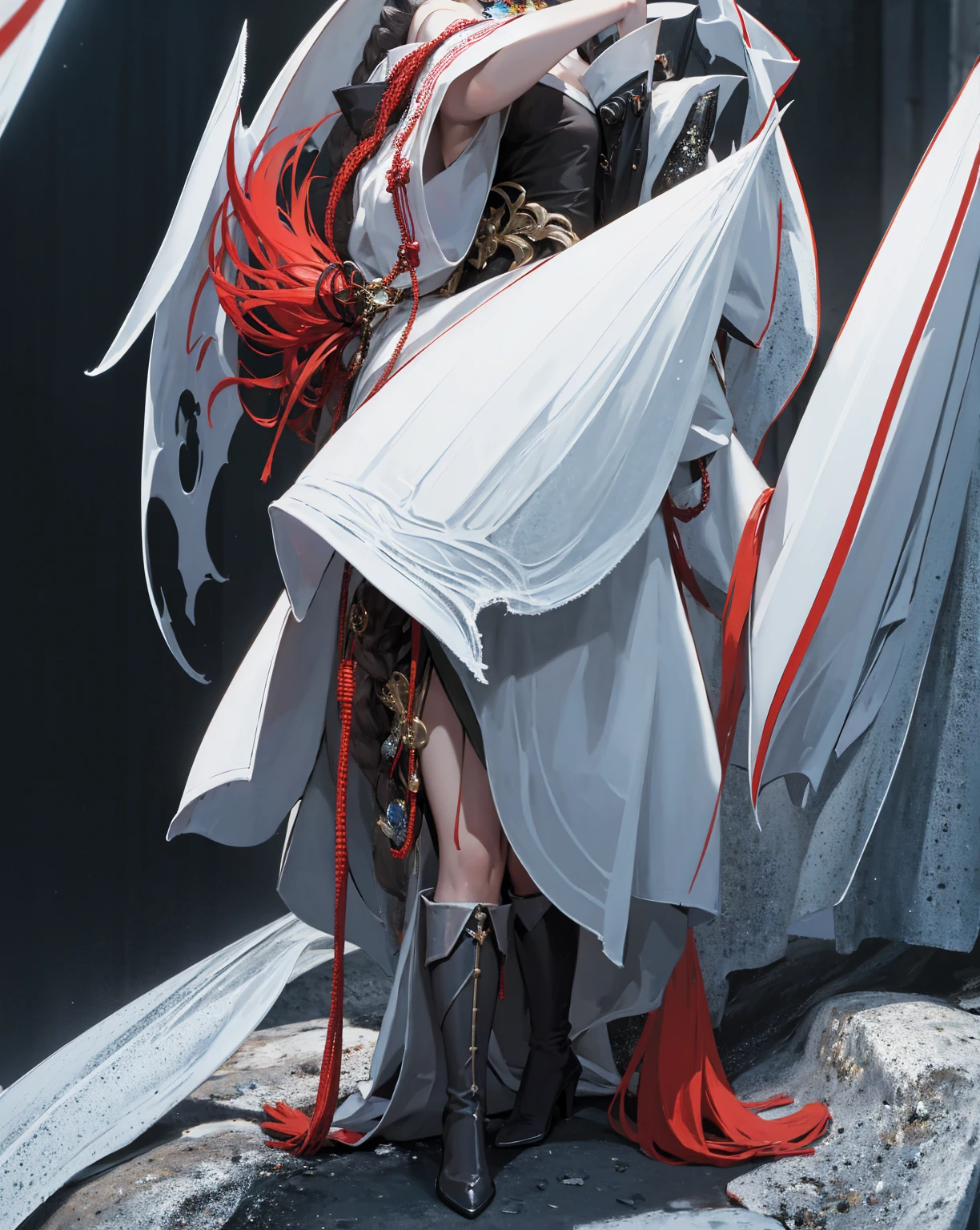 Girl with long white hair down to her waist, with small red details, red eyes, long black dress with a leg slit, with red details, long black boots up to below the knees, white skin, the ground around her is cracking and small stones are floating around her surrounded by a black aura, she is surrounded by shadows, and the background is dark like the night with the universe and stars, her presence causes fear, her shadow appears to be a monster, 8k, high quality, full body, (ultra-realistic), {extremely detailed 8k CG unit wallpaper}, expansive landscape photograph, (light: 2.0), (warm light source: 1.5), complex details, (iridescent colors: 1.5), (bright lighting), (atmospheric lighting), surreal, impressive, fantasy, (Solo: 1.2), White moon