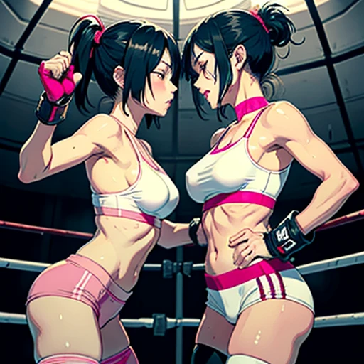 punch, punch, punch. two bloody beautiful Japanese female fighters are looking at each eyes. life or death struggle. survival battle. dynamic exciting action in the octagon fighting ring. whole body picture. they are beating each other so hard. their punches to each other's faces. they are covered in scars and bruises. they are damaged terribry. Short-cut black hair, out of breath, drooling from mouth, one eye closed, exhausted, drenched in sweat. Erect nipples. open finger glove.  Ragged white and pink sports bra, high leg panty, Stockings. armwarmers. Whittled waistline,