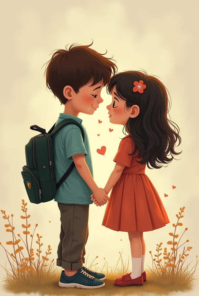 Create an image with a boy and a 12 year old being separated and crying.
Some letters between them.
And a boy and a girl hugging each other.