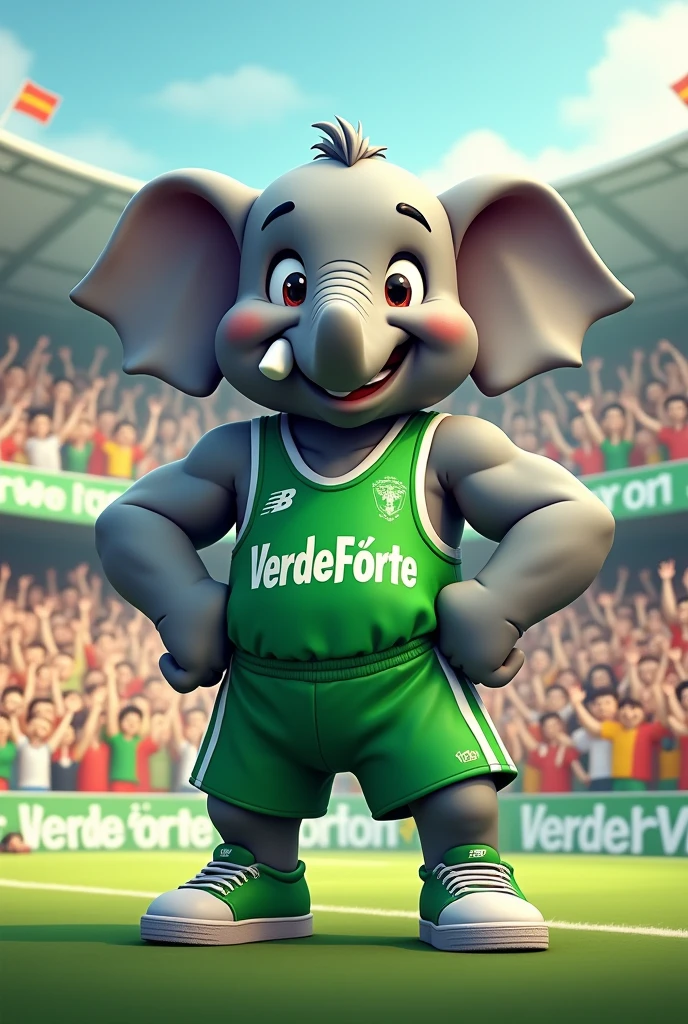 image of a gray cartoon elephant posing as an athlete with an organized cheering theme with the name “VerdeForte” using green and white colors
