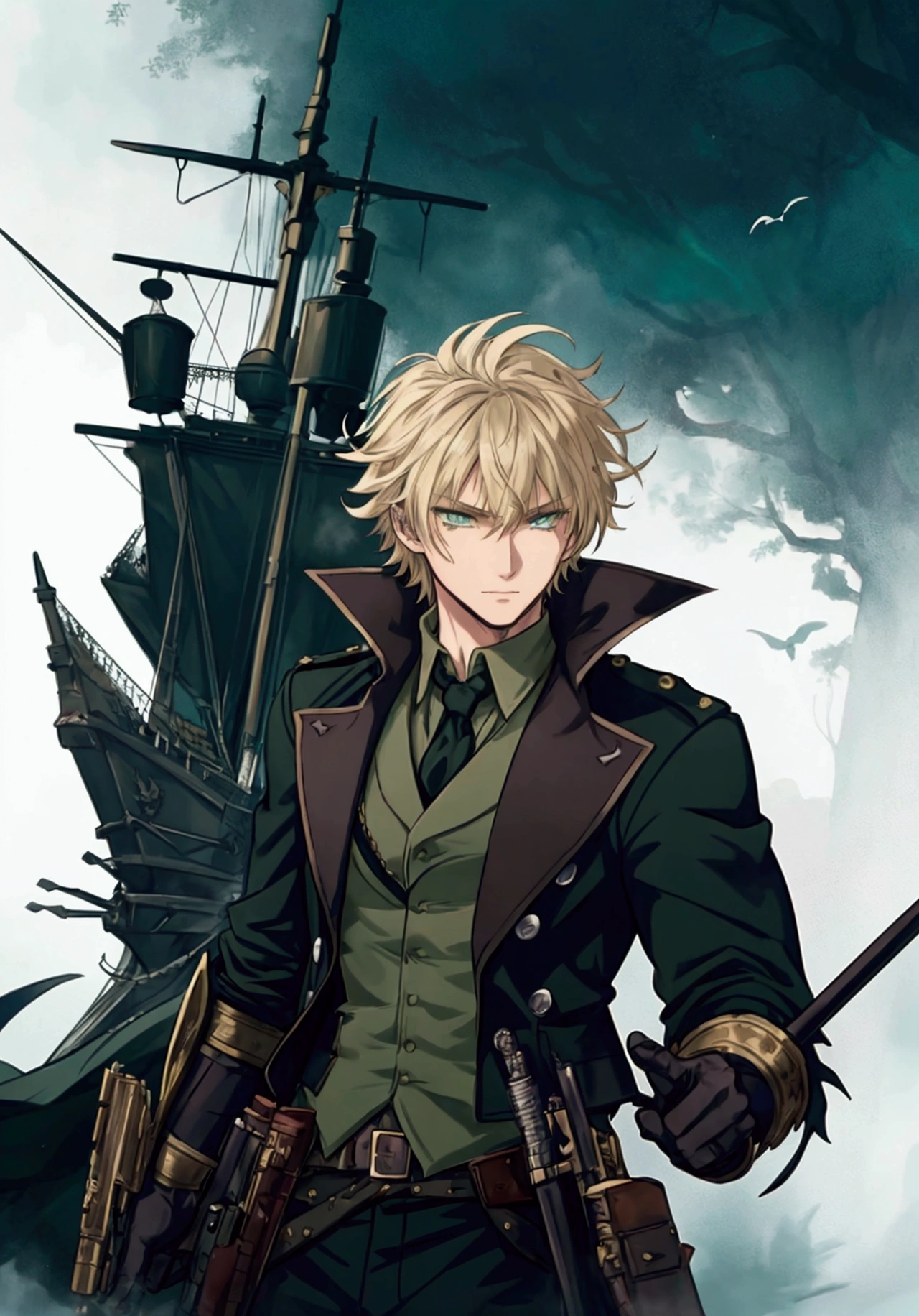 (Masterpiece), ((Highest Quality)),(Official Art),dark epic:1.2),(1 solo anime man: 1.3). A badass gunslinger man with spiky wild hair (blonde), green eyes, and a tall build. He is clad in a military uniform, firing a flintlock in the shadows of a steampunk city. Detailed picture. Detailed eyes. Masculine jaws. Soft fairytale picture Arthur Rackham-style. Colorful, best detailed ((super detailed)), (highly detailed 2D anime man illustration), ((dark and beautiful))