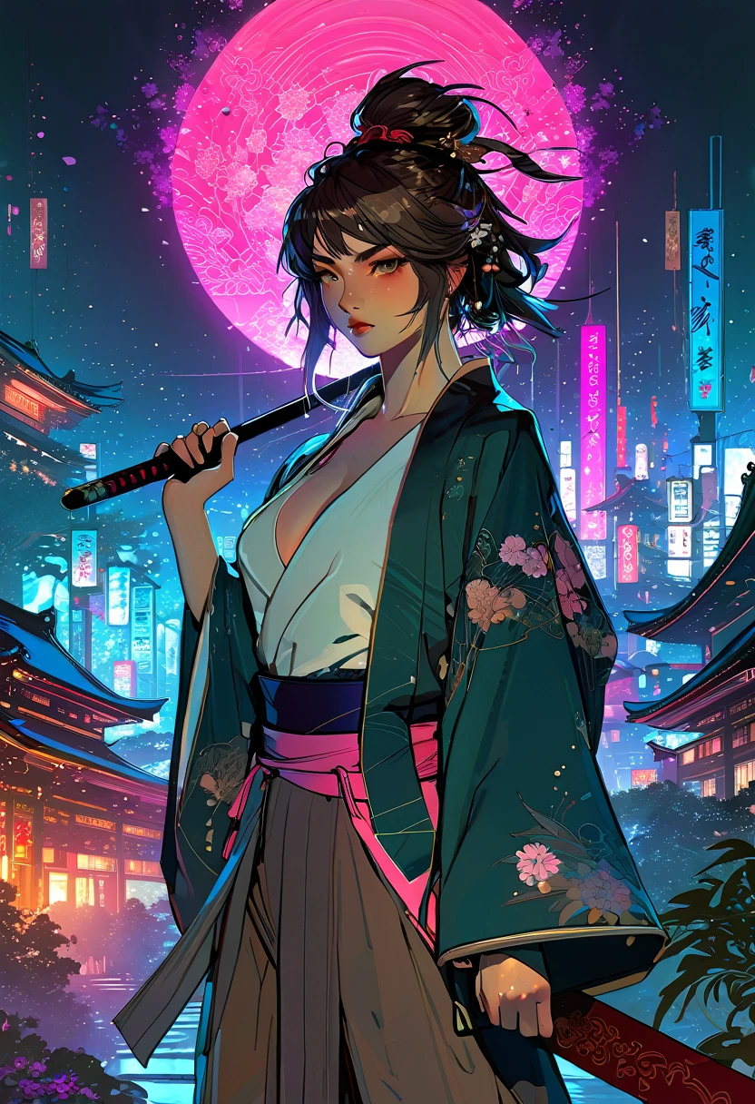 synthwave,cyberpunk samurai warrior, Scary Garry Trudeau style, character concept art hyper detailed,  trending on artstation, by Craig Mullins, by Krenz Cushart, Yoneyama Mai Mucha, painting by Mucha, Violet evergarden, trending pixiv, stunning atmosphere, light effects