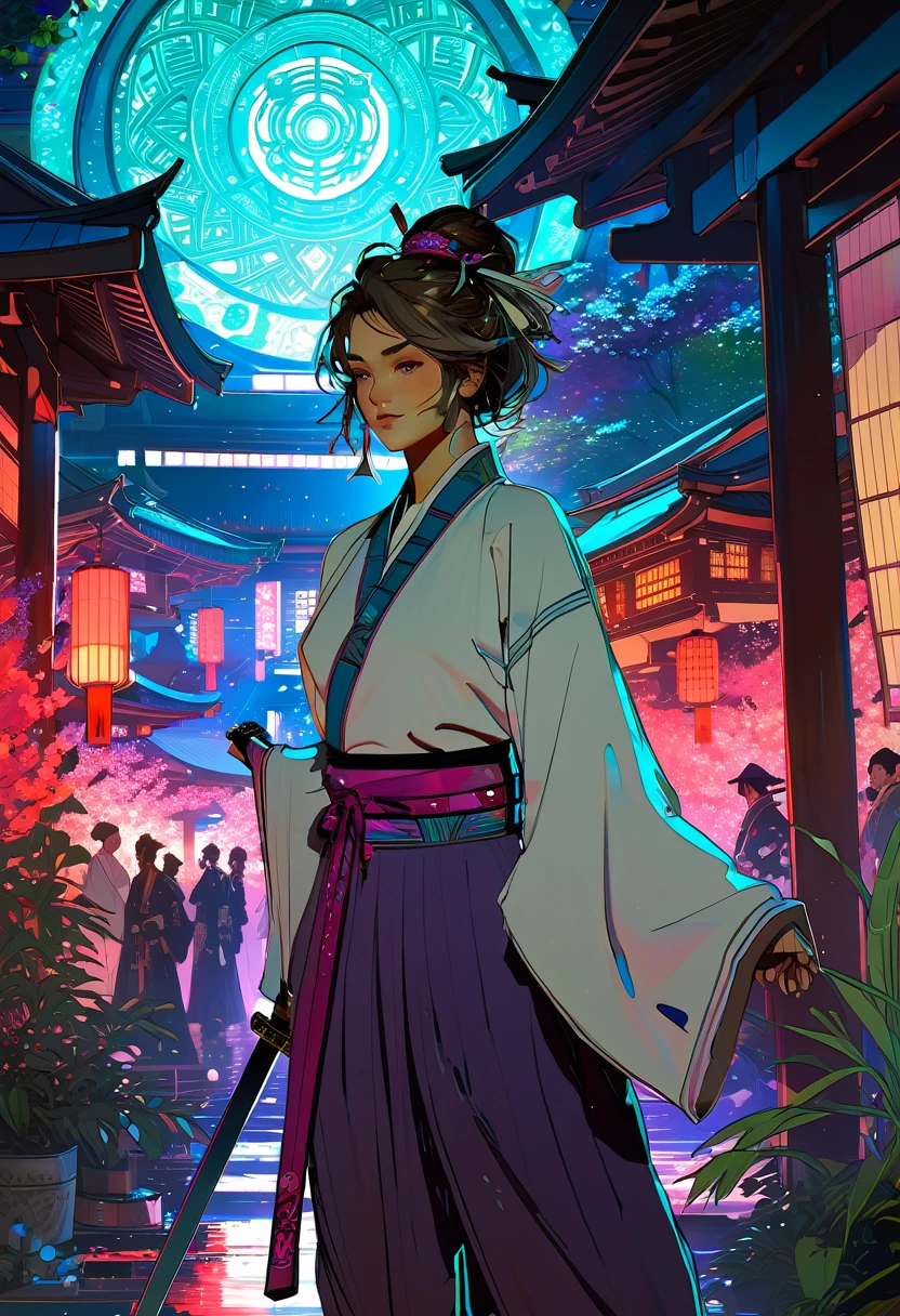 synthwave,cyberpunk samurai warrior, Scary Garry Trudeau style, character concept art hyper detailed,  trending on artstation, by Craig Mullins, by Krenz Cushart, Yoneyama Mai Mucha, painting by Mucha, Violet evergarden, trending pixiv, stunning atmosphere, light effects