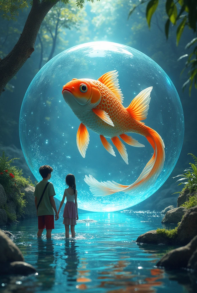 Following the trail, agers Pedro and Laura, they arrived at a sparkling and magical river.

guarded by a goldfish hybrid, surrounded by a giant bubble of water

