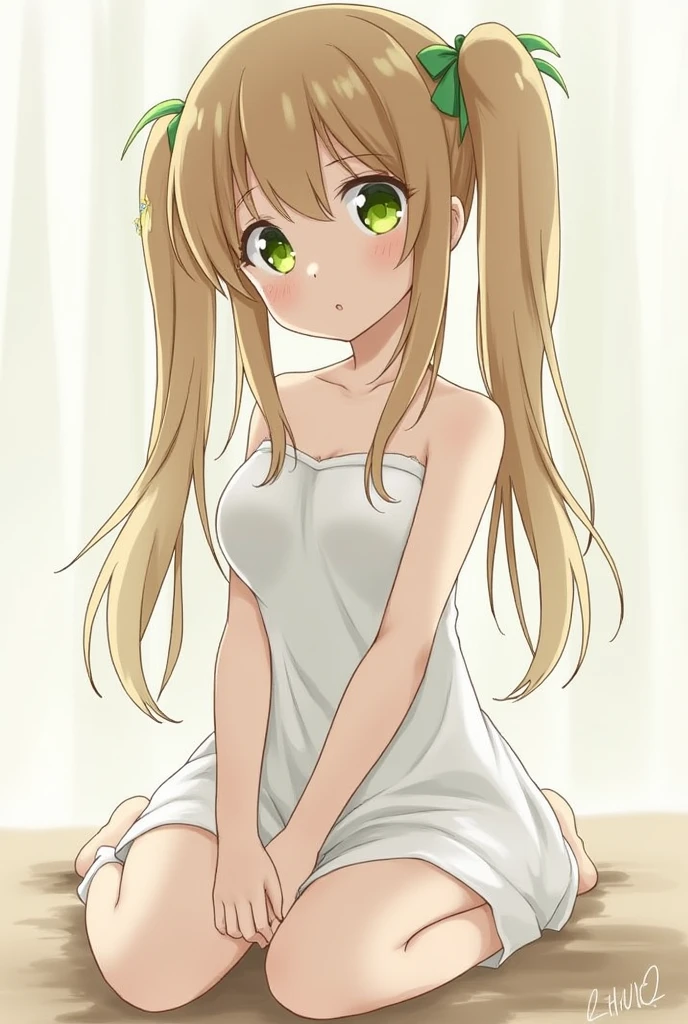 masterpiece,Best Quality,1 girl, Alone, by the wide, green eyes, two tails, Barcode,1 girl en, by white, yellow eyes, portrait, realist, towel, (onsen), side lights, Wallpaper,