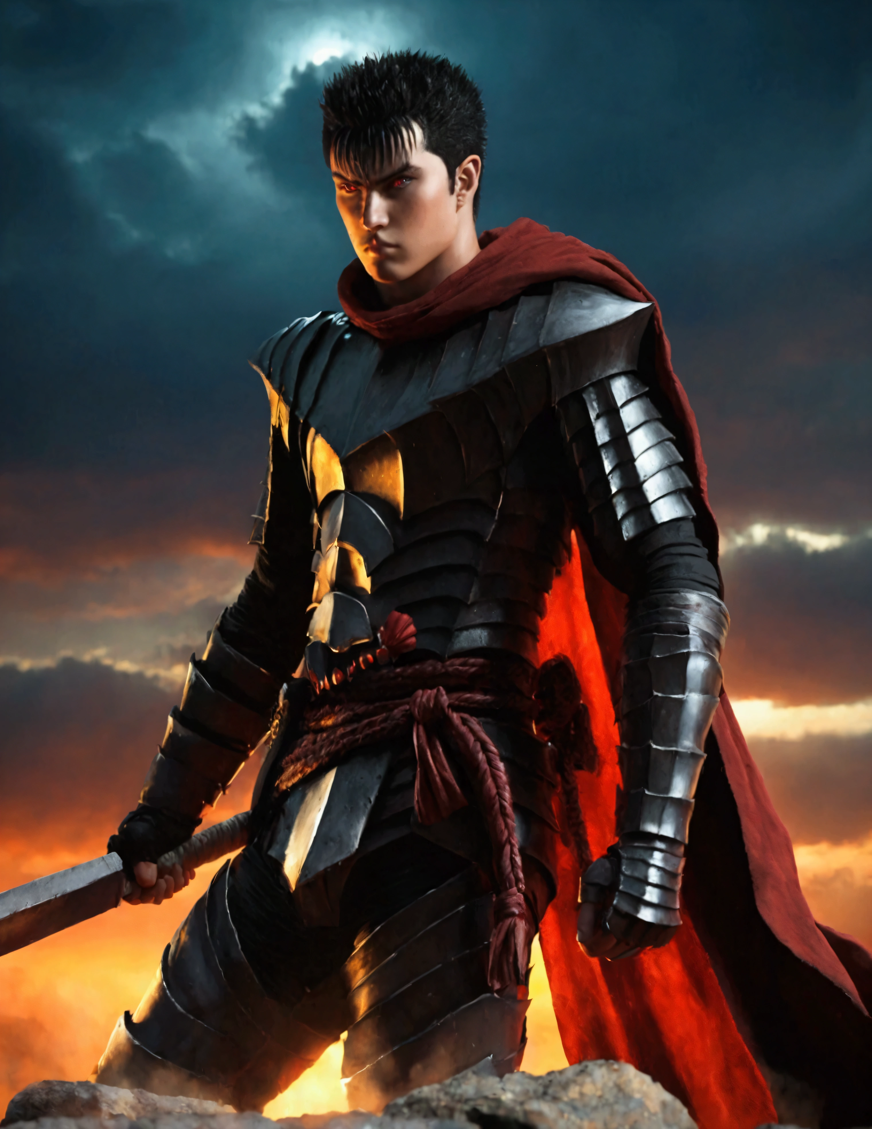 Guts (Berserk), Digital painting featuring a dark, fantasy-themed scene with anatomically correct human Guts berserk proportions, inspired by the style of Kentaro Miura, with a Seinen manga aesthetic. The layout is vertical, with the central subject being a humanoid figure in highly detailed, elaborate, dark armor, perched on a jagged rock formation. The figure has a wolf-like helmet with glowing red eyes and is holding a large, menacing sword over its shoulder. The armor is intricately detailed with sharp, angular designs and a fur-like texture around the shoulders and waist, showcasing a high level of realism. The background is a dramatic, stormy sky with hues of red, purple, and orange, suggesting a sunset or sunrise. The image is rendered in high-quality 4K resolution, with a focus on super detail and realistic textures. "Artvision1999",  anatomically correct, super detail, high quality, 4K