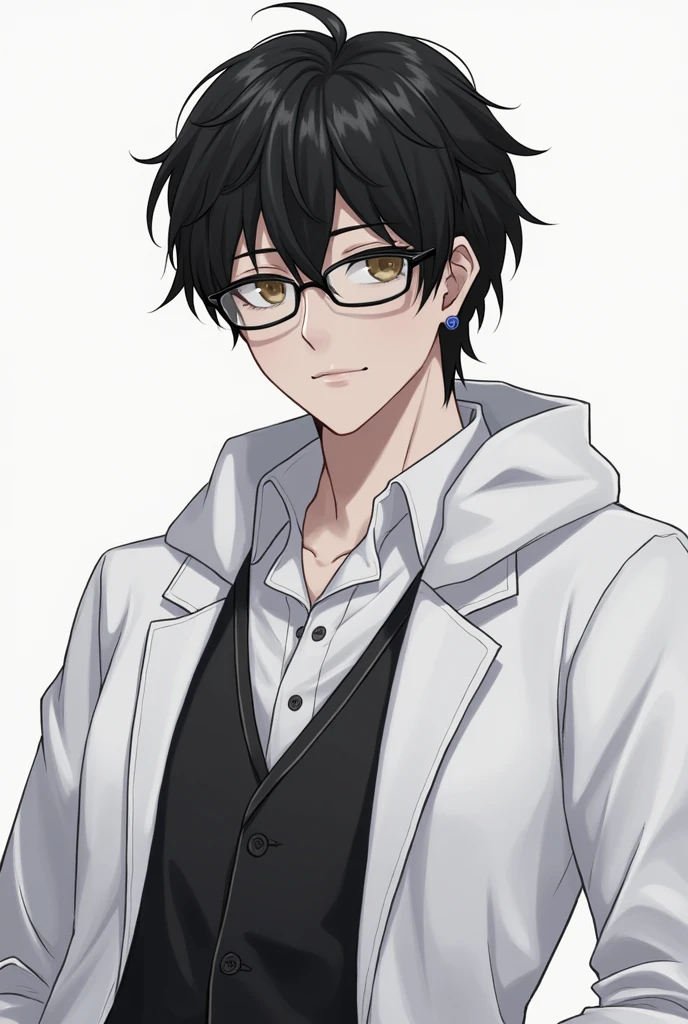 Anime style,man,black hair,glasses,lab coat