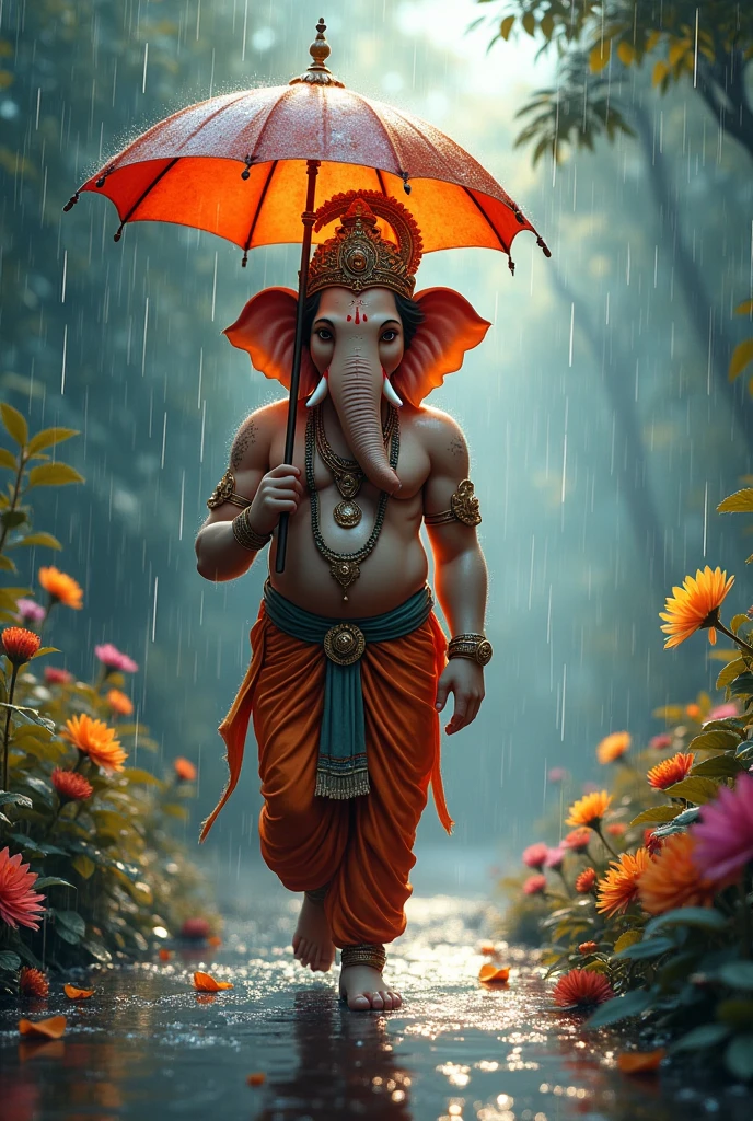 Walking ganapathi with umbrella backside lingtings rain multi colors, flowers 