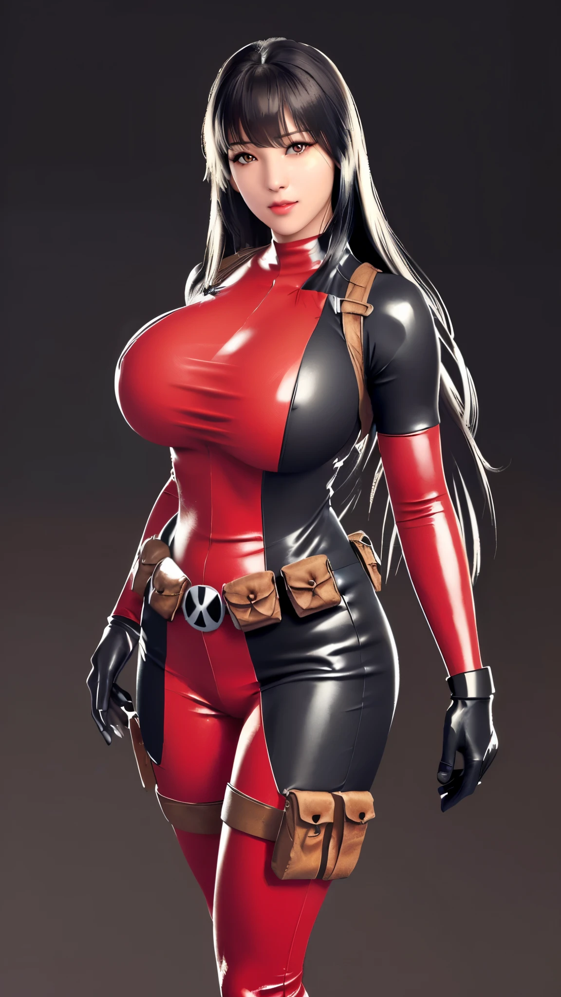 (（（Perfect body,White and tender skin,（（（BodySuit_lady_deadpool_ownwaifu，bodysuit, skin tight, superhero, Belt Pouch, utility belt, red bodysuit, gloves, weapon on back, thigh pouch, thigh strap, thigh holster, belt buckle, turtleneck,  ）））,（（（ailisha，Black long hair, super long hair, slanted bangs, brown eyes, red lips））），((masterpiece)),high resolution, ((Best quality at best)),masterpiece,quality,Best quality,（（（ Exquisite facial features,Looking at the audience,There is light in the eyes,Smile））），）））,（（（Light and shadow,Huge breasts，）））,（（（Looking at the camera,black background,)））),