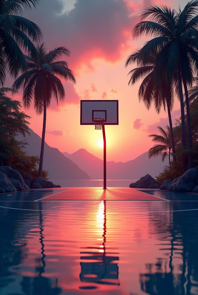 basketball court, sun set, palm trees, aquatic, Basketball hoop 