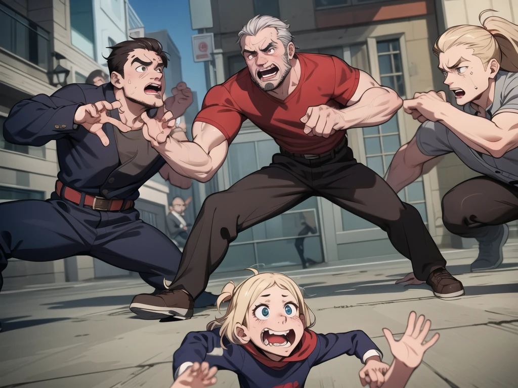 3 nasty ugly men are trying to attack scared kids front of them