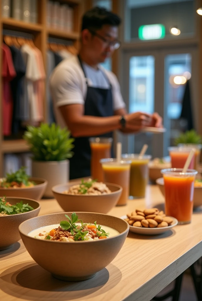 fashion store, asian sells woman doing his job at the background, keto food and detox juice on the table, keto food is in the round kraft paper soup bowl, almonds in the small pvc cup