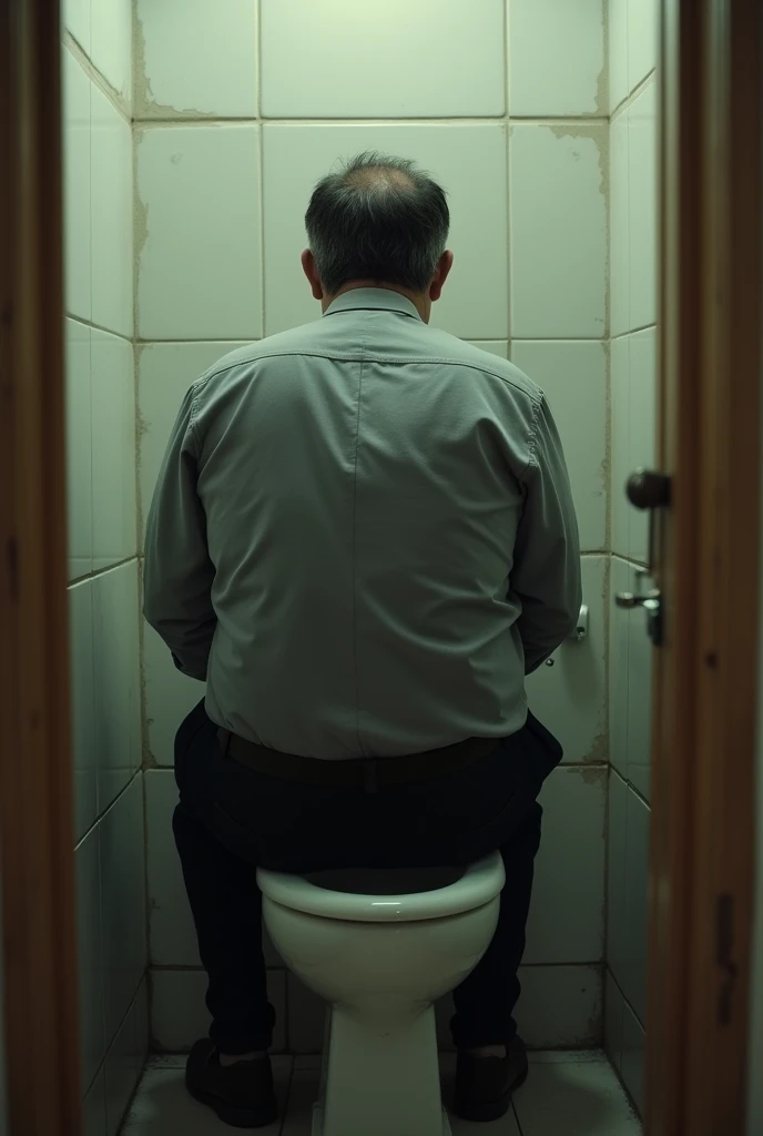 İsmail Düvenci, rear shot, peeing, urine visible, toilet, urine flowing, black pants, grey shirt