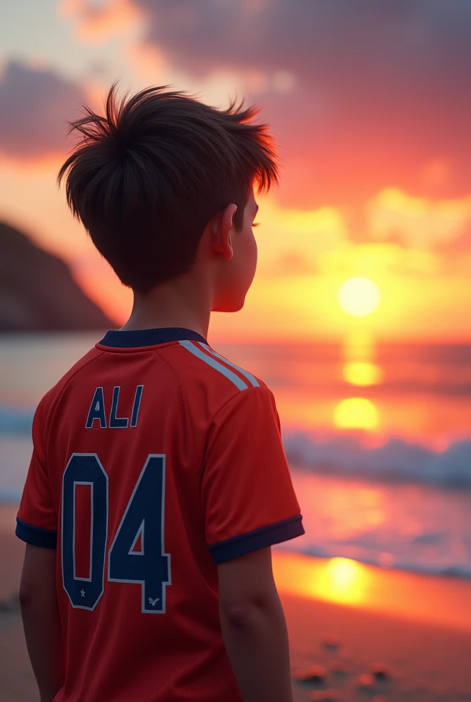 Draw a boy viewing sunset in beach , with jersey name "Ali" and jersey number "04"