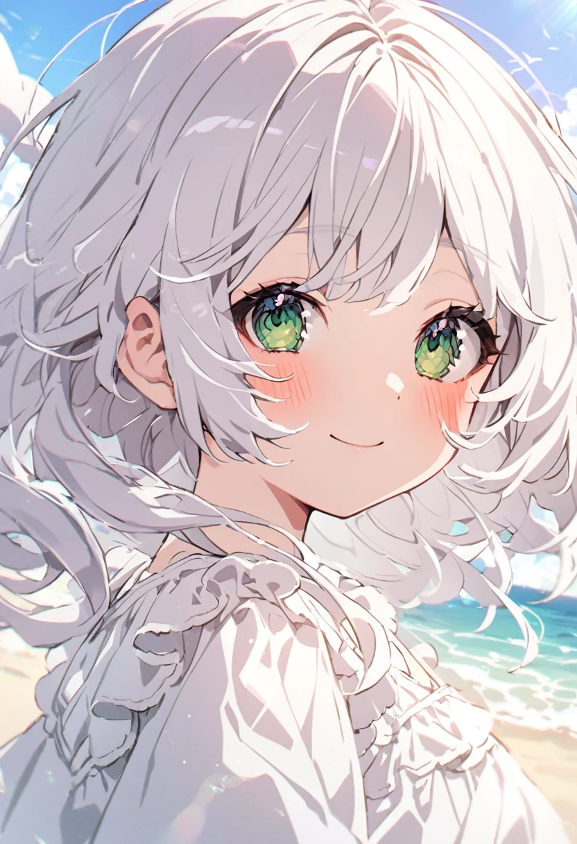  adolescent, greeneyes, skin fair, long white hair, white peasant dress, ssmile, blush on the cheeks, fly away, passionate look, at beach