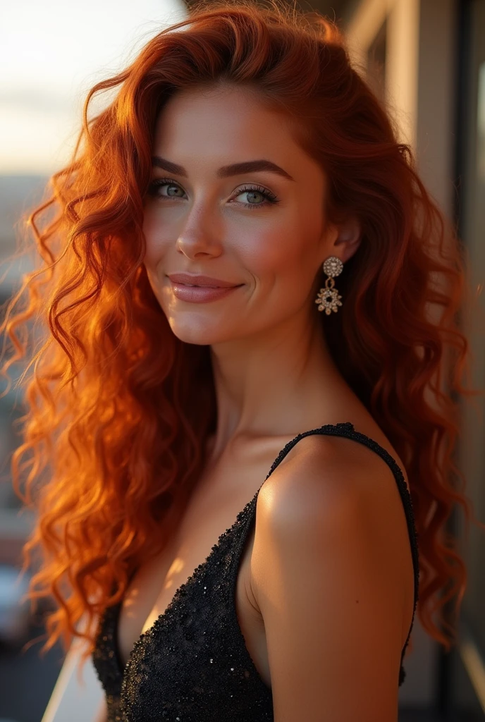(Realistic photo of a beautiful woman, 35 years old, grey eyes, full full lips, red hair, long curly hair, curls, tanned skin, jewellery, realistic, soft lighting, professional photography, photorealistic, detailed, RAW, sharp focus, ultra-high resolution, best quality, masterpiece, (best quality, high-resolution, ultra-detailed:1. 2), HDR, bright colours, full body, evening dress, curvy, sexy, smiling, full body pic, earrings, barcelona, rooftop bar, high heels