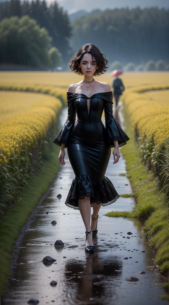 Tim Burton, David Durall style oilpainting illustration art, breathtaking woman figure weared black shabby dress walking on meadow, Popeyes fields, flowers, roses, stones enigma roads rainy melancholy dreamy hyper detail and intricate dynamic movement magnific view 