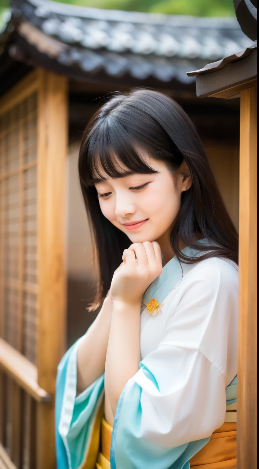 With open arms, White base, Cute crying face, Laughs and Tears, 最high quality、high quality、Best image quality、8k、最High resolution、High resolution、temple, Realistic photos, Healthy body, Beautiful Eyes, Flowing black hair, Colorful kimono, Calm expression, Soft lighting, Traditional Japanese art style, Vibrant colors, Peaceful atmosphere, Delicate features, Graceful posture, Beautiful Landscape