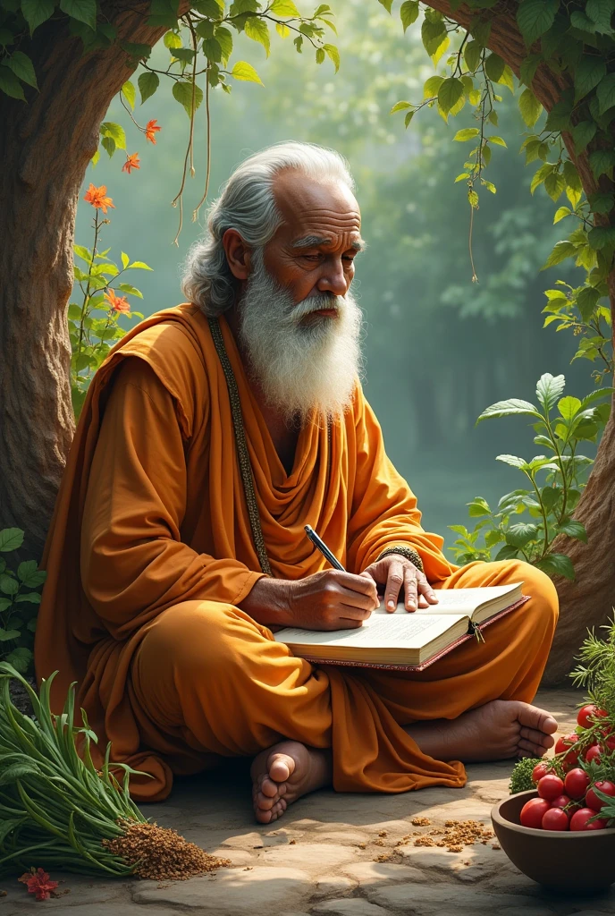 An acharya charak writing books of ayurveda with herbs 