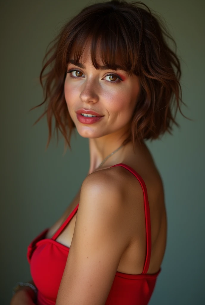 A Brazilian woman, wearing a strap dress, ((with a close-up capturing the harmonious beauty between her breasts)), showing off your natural charm and outgoing personality, 8k raw photo, best qualityer, work of art, ultra high resolution, film grain, film, Looking back at the viewer, natural skin texture, big realistic brown eyes and face details, full lips, lipstick, (make up) , red eyeshadow, fluffy short hair, ssmile, cloused mouth, beautiful flegs, tall woman, Scrawny, Scrawny_flegs, standing alone, small breasts, neckleace, ultra short bathmantea, in this, standing, (((he finished))), (((bent at the waist))), (((view from side))), red bathmantea, get out jk on neck, get out jk, chestnut hair, bracelet, bangss, jewerly, parted lips, lips, sideways, mantea, Depth of field