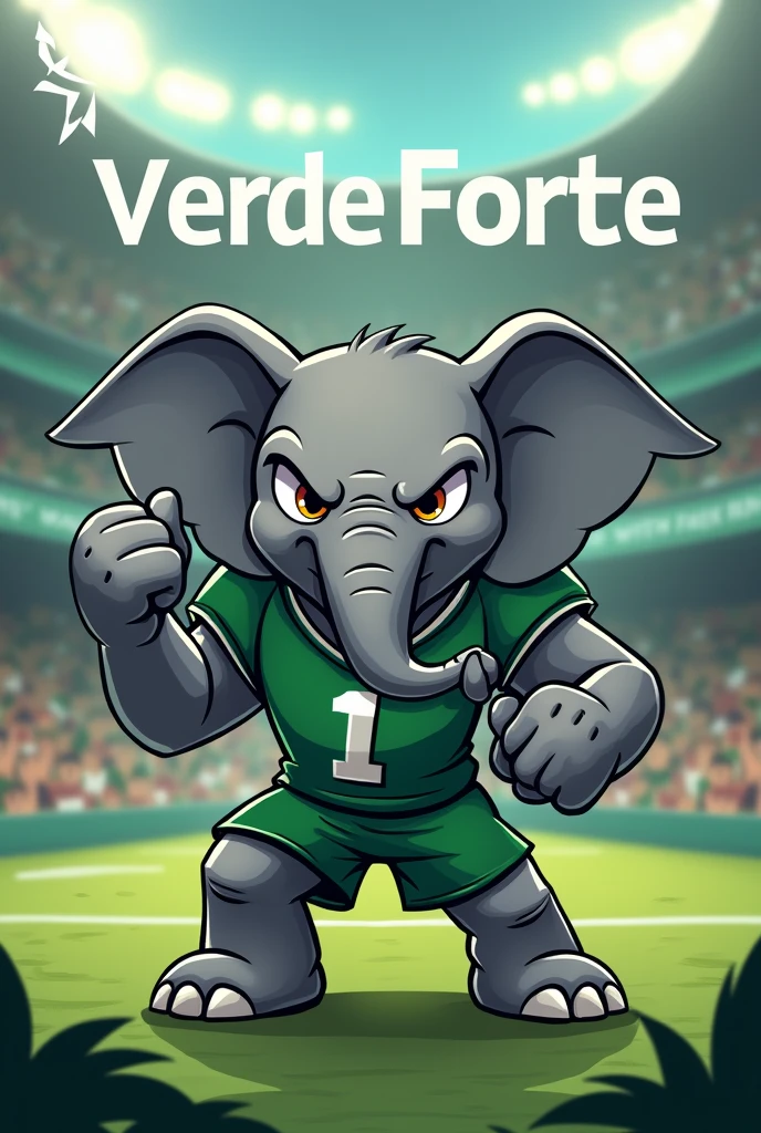 image of a gray cartoon elephant with a mean face posing as an athlete with an organized fan theme with the name “VerdeForte” using green and white colors

