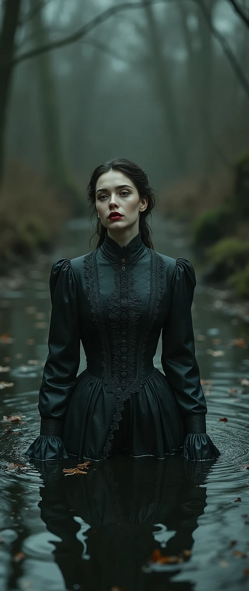  19 century setting, drama, stuck in bog,detailed short high-neck closed dress, aristocratic cut, stockings with garters, red lips, goth