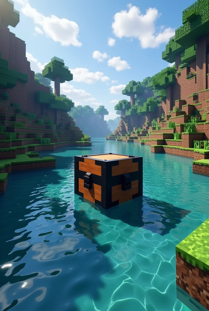 create a 1280x720 image with a giant giant chest in the middle of the minecraft river