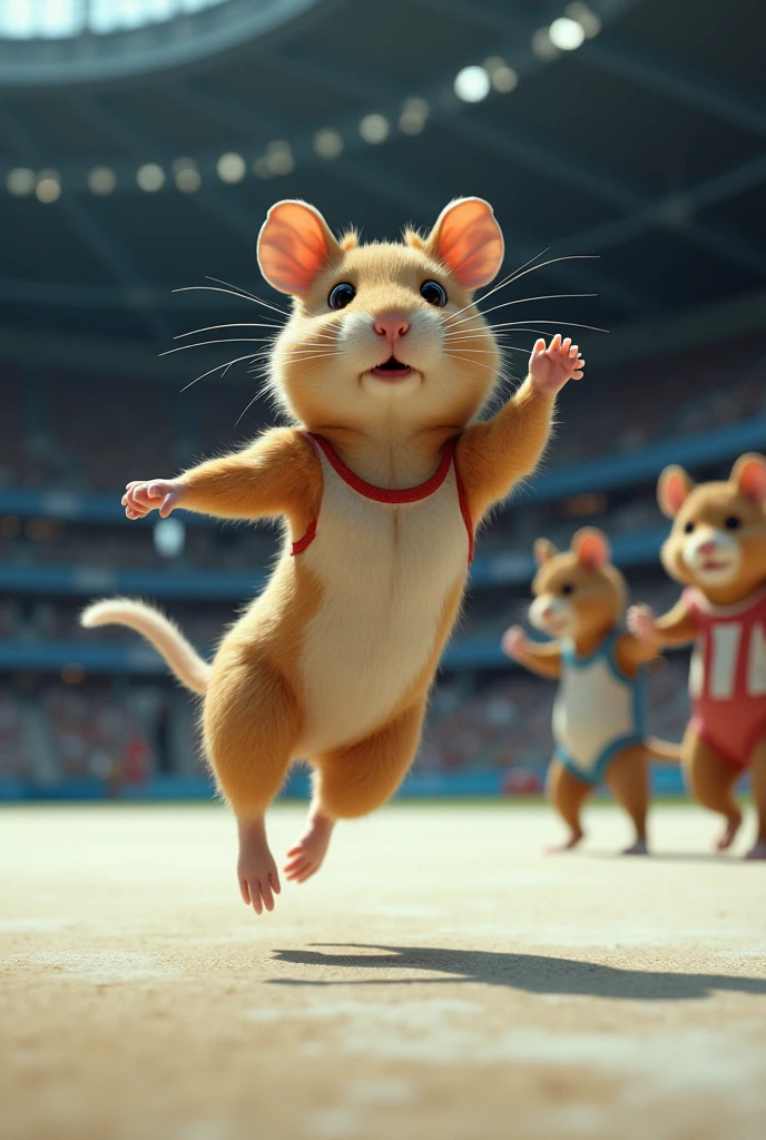 realistic hamster  participating Gymnastics on olympic with other real human and wining the race, show a clearer picture of Olympic ground