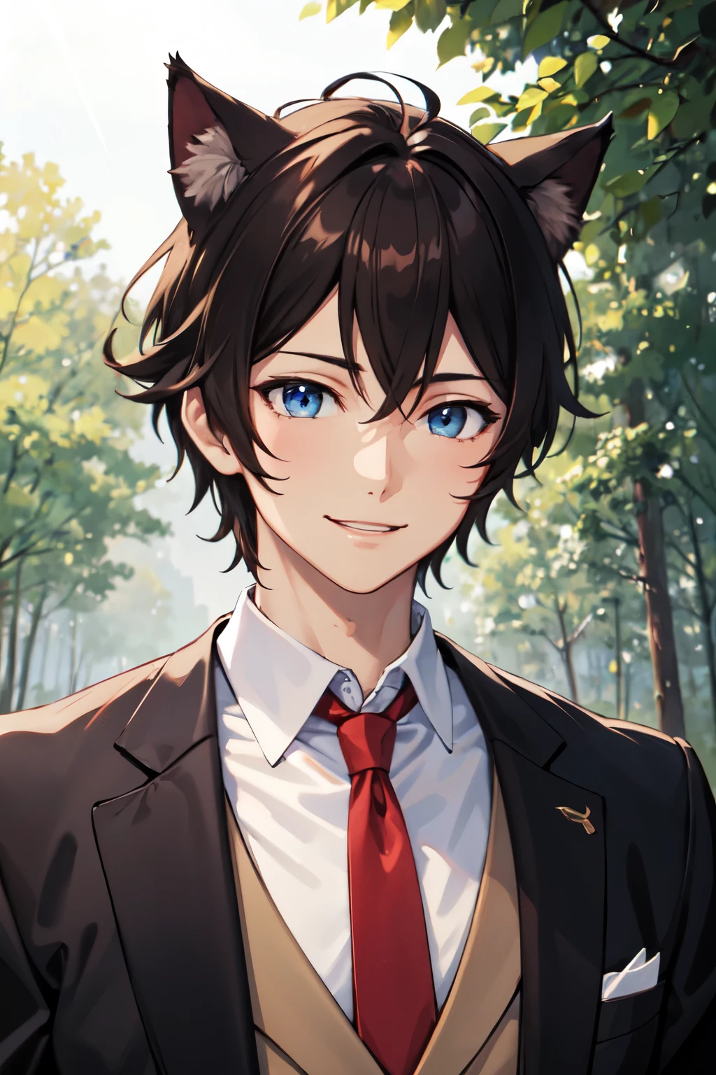 ((best quality)), ((masterpiece)), (detailed), male anime, dark brown hair, spikey hair, blue eyes, cat ears, elegant royal suit, red ribbon, sunny background, forest background, raining background, happy smiling facial expression