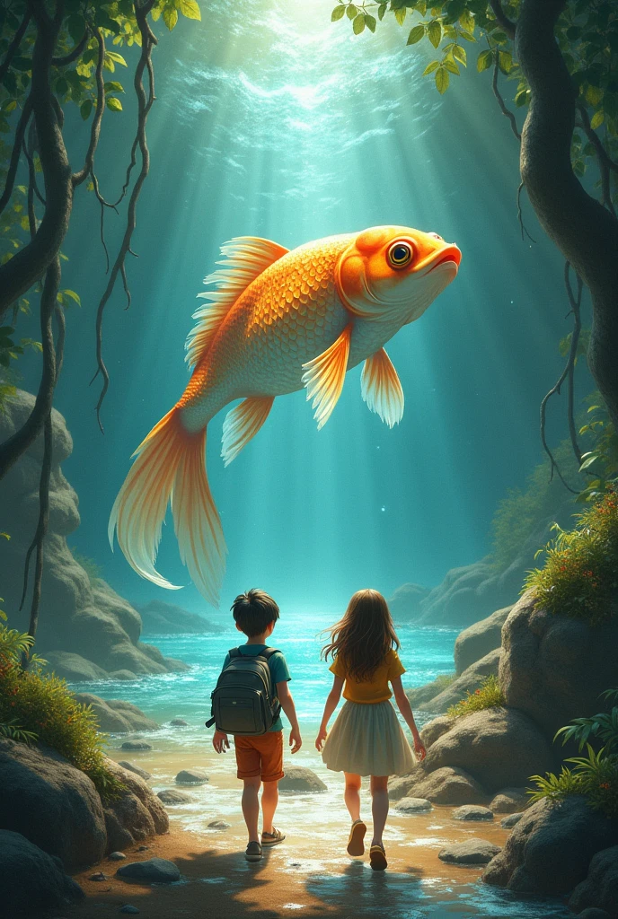 Following the trail, teenagers Pedro and Laura, they arrived at a sparkling and magical river.
guarded by a goldfish hybrid, surrounded by a giant bubble of water Parallax image